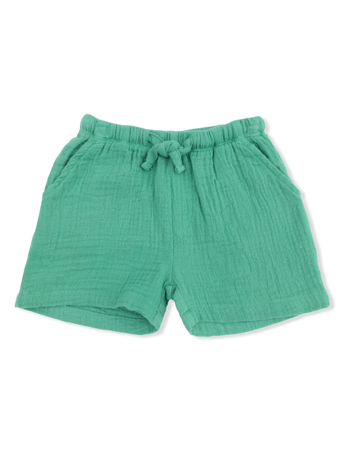 Green toddler shorts with a drawstring waist and two front pockets. 