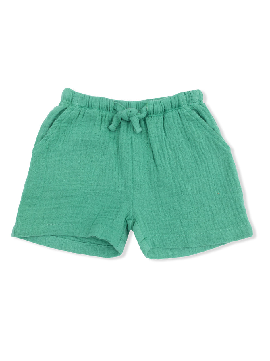 Green toddler shorts with a drawstring waist and two front pockets. 