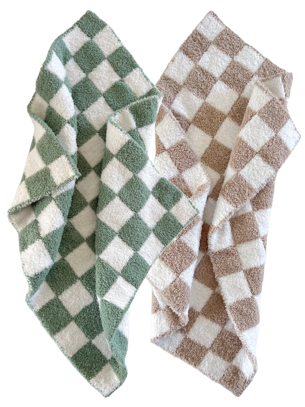 Two checkered towels, one in green and white, the other in brown and white, neatly arranged.
