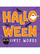 Colorful "Halloween First Words" book cover featuring a ghost, owl, and bats on a purple background.