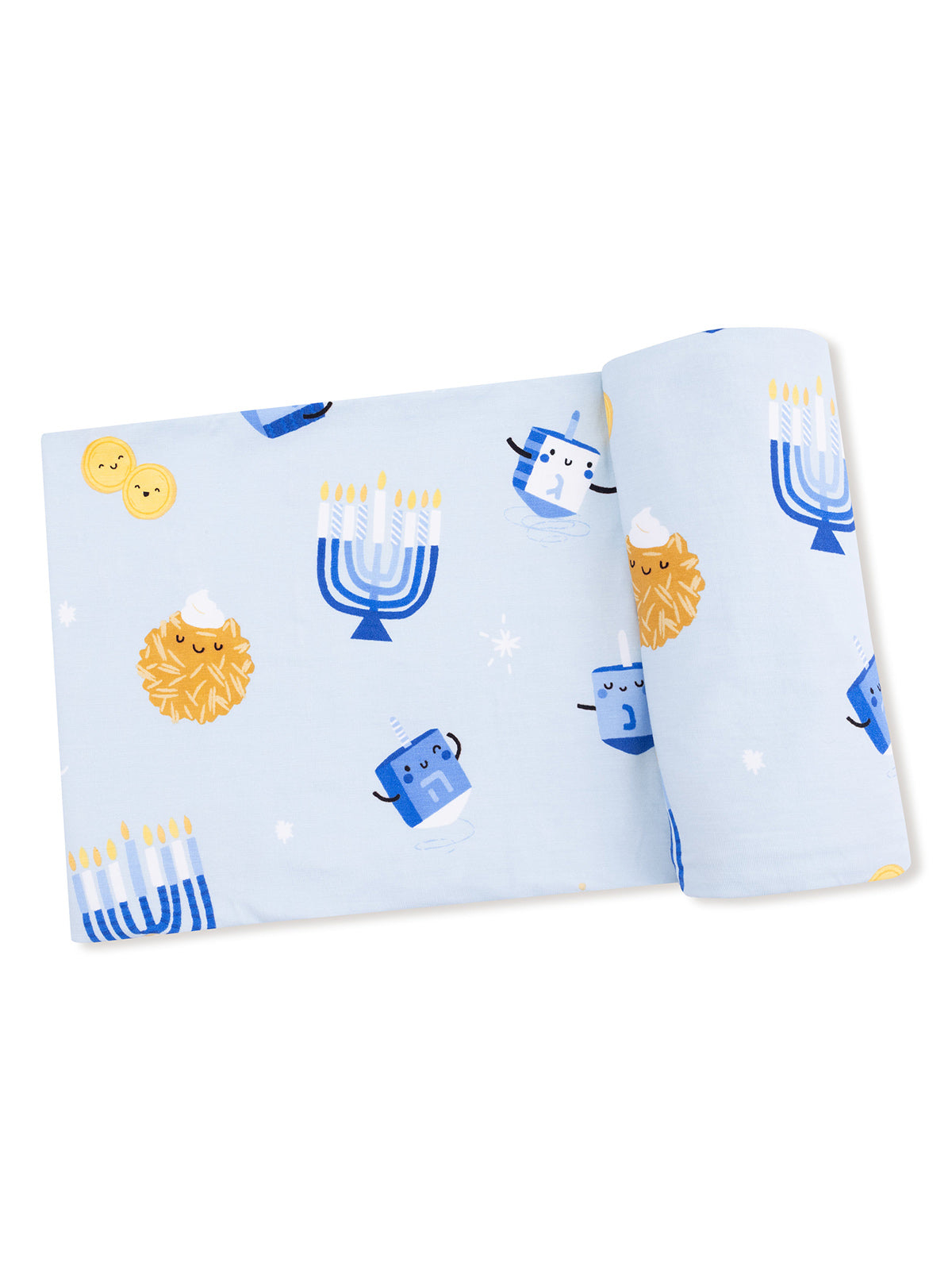 Light blue fabric featuring cute illustrations of menorahs, dreidels, and other festive Hanukkah symbols.