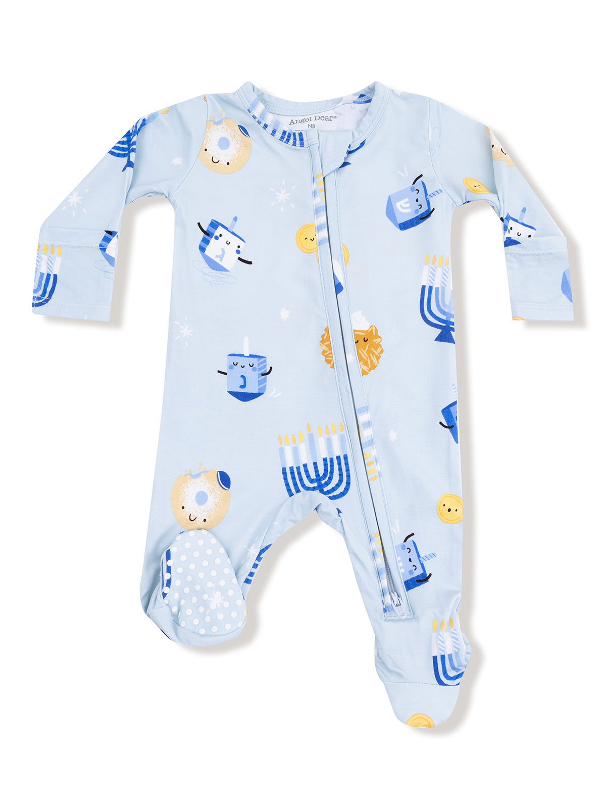 Light blue baby onesie with festive patterns including menorahs, dreidels, and smiling moon and cookie designs.