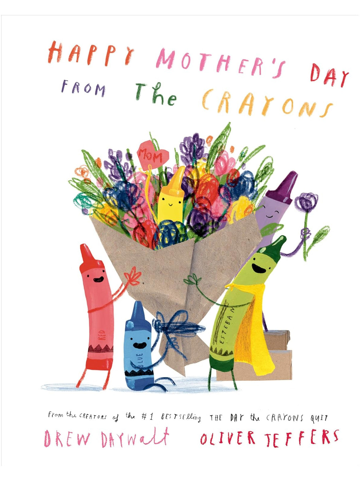 Colorful illustration of crayons holding a bouquet with "Happy Mother's Day" text above. Cheerful and playful design.
