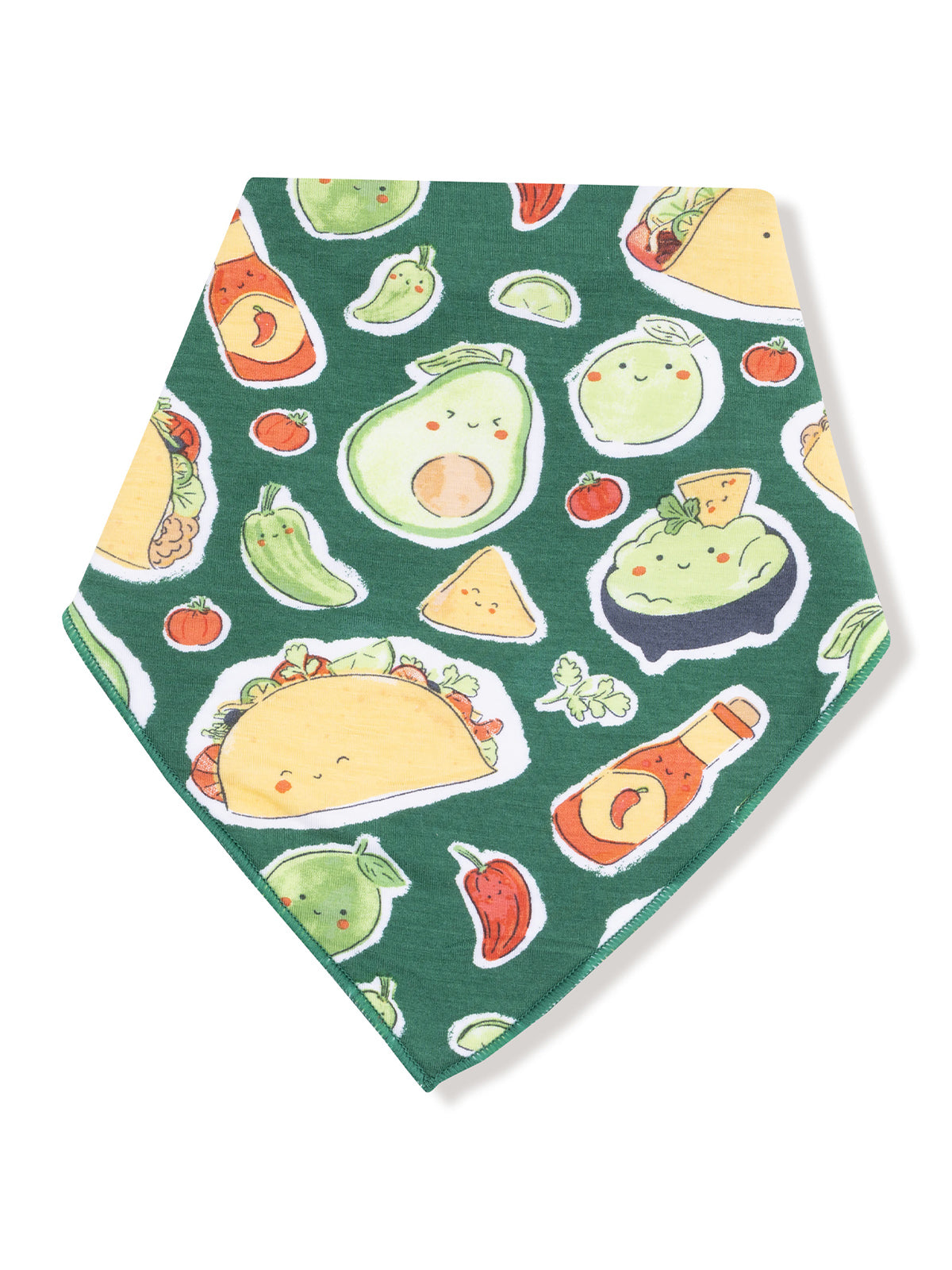 Green bandana featuring playful, smiling food items like tacos, avocados, and tomatoes in a colorful design.