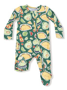 Green baby onesie featuring fun food prints like tacos, avocados, and hot sauce. Ideal for playful outfits.