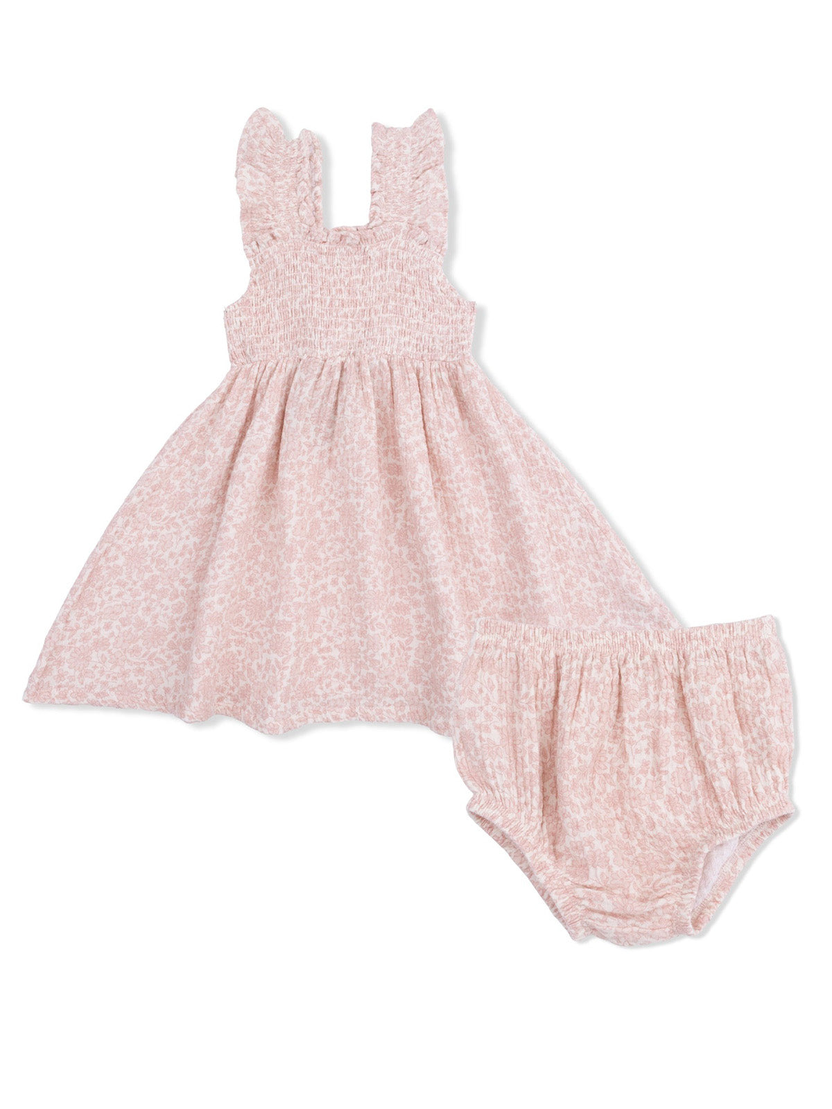 Pink floral baby dress with ruffled shoulder straps and matching bloomer shorts. Perfect for warm weather outings.