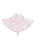 Pink floral sun hat with wide brim and chin strap, designed for sun protection.