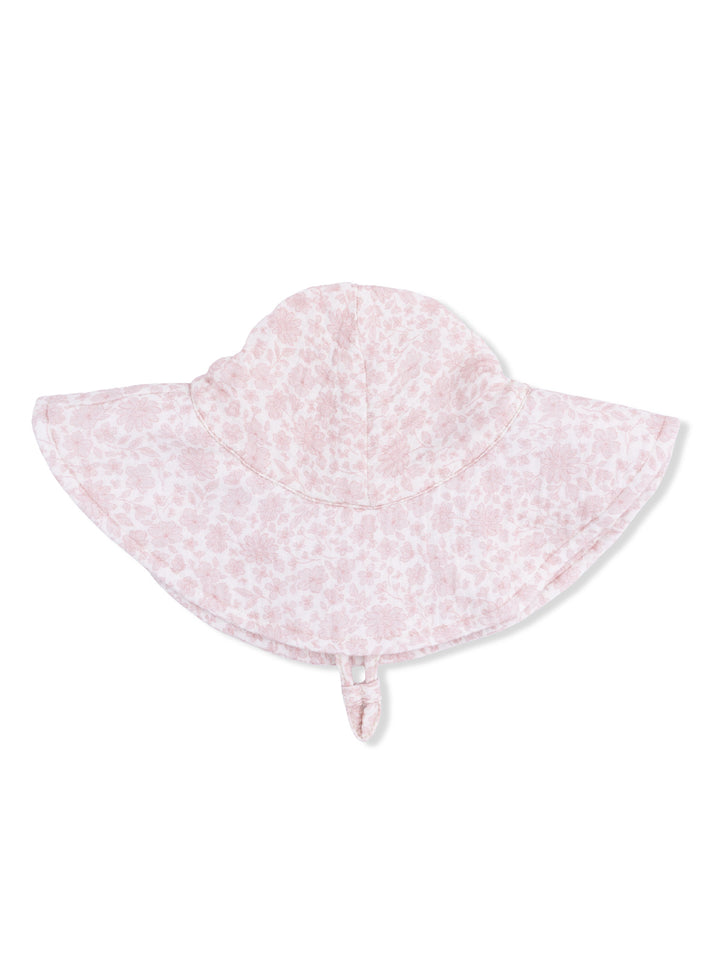 Pink floral sun hat with wide brim and chin strap, designed for sun protection.