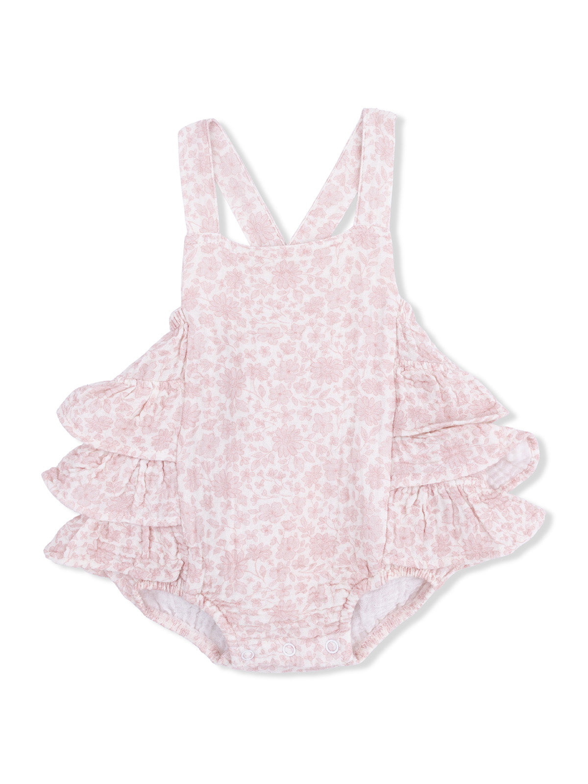 Floral infant romper in light pink with ruffled sleeves and snap closure at the bottom. Perfect for warm weather.