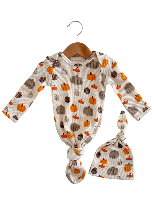 Organic Waffle Knotted Gown & Hat Set, Harvest Pumpkin