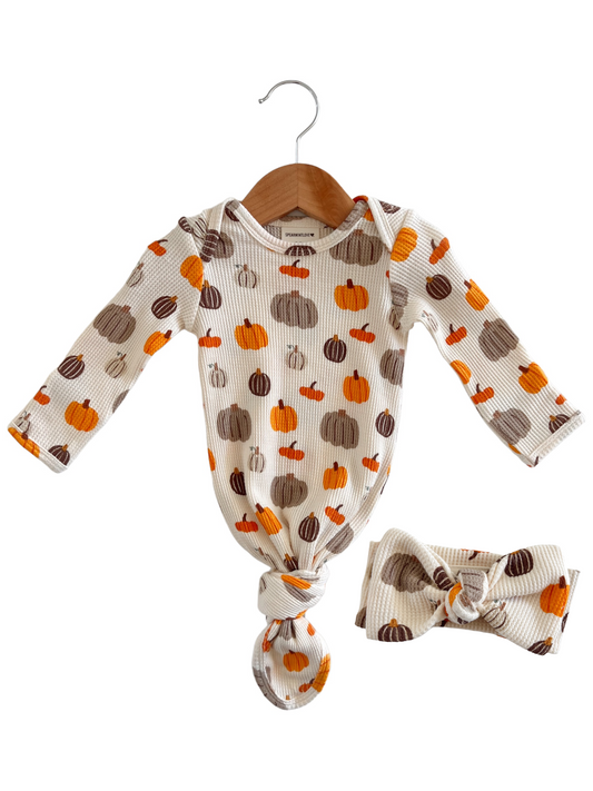 Organic Waffle Knotted Gown & Bow Set, Harvest Pumpkin