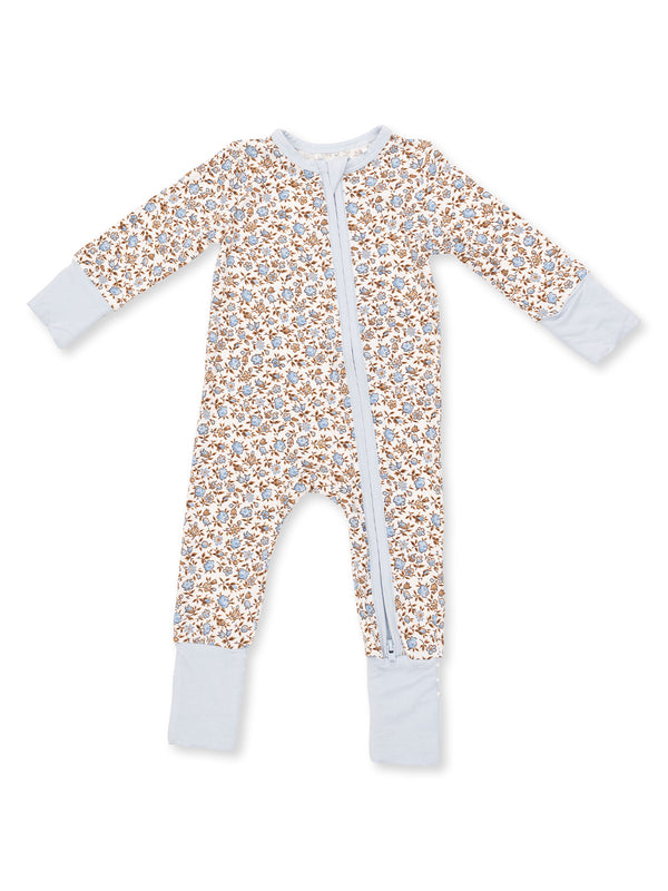 Floral-patterned baby onesie with long sleeves and a front zipper, featuring soft blue cuffs.