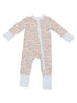 Floral-patterned baby onesie with long sleeves and a front zipper, featuring soft blue cuffs.