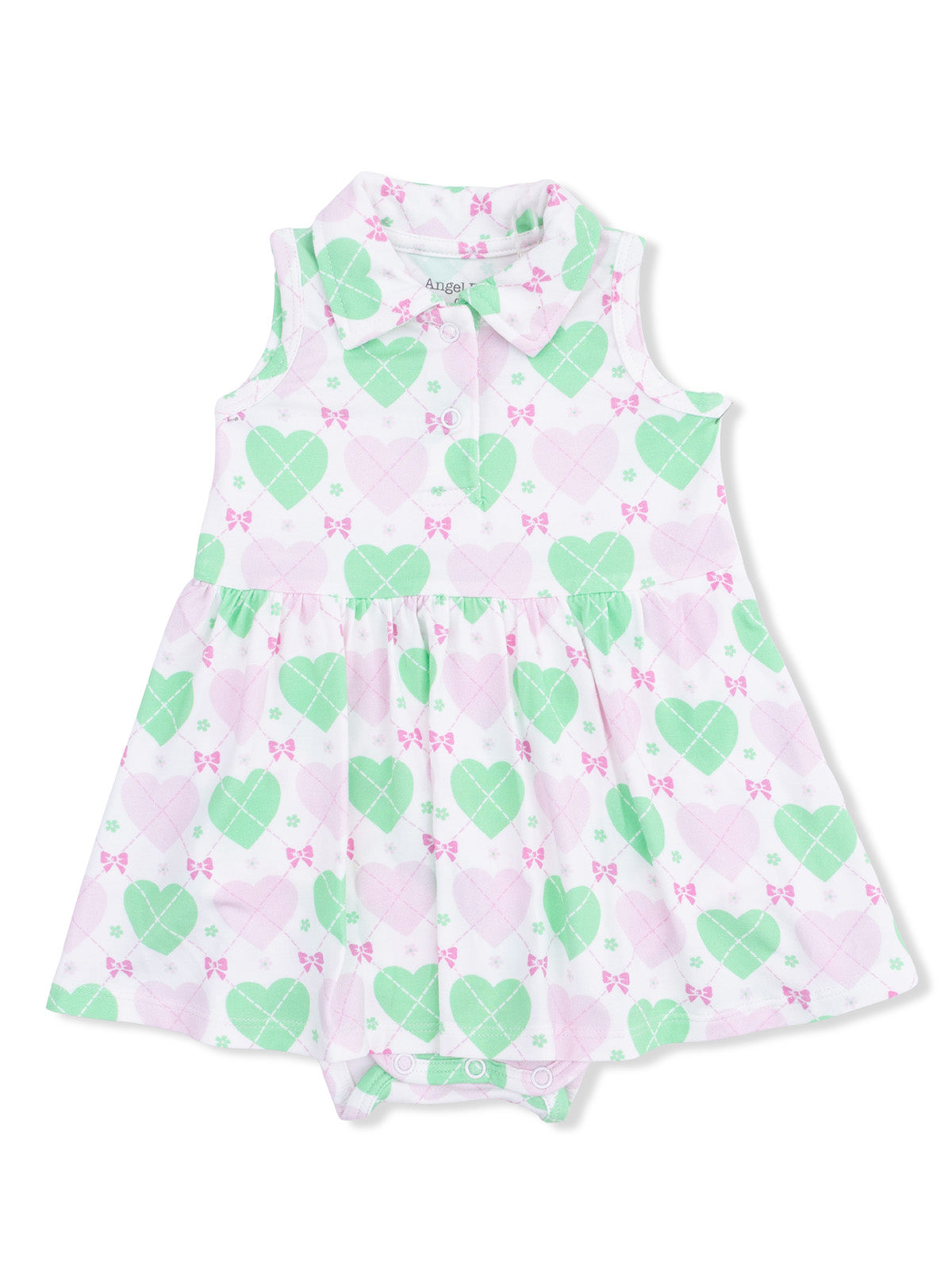 Toddler dress with green and pink heart pattern and bows, featuring a collared neck and skirt.