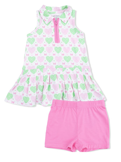 Girls' dress set featuring a heart-patterned top in pink and green with matching pink shorts.
