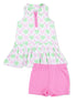 Girls' dress set featuring a heart-patterned top in pink and green with matching pink shorts.