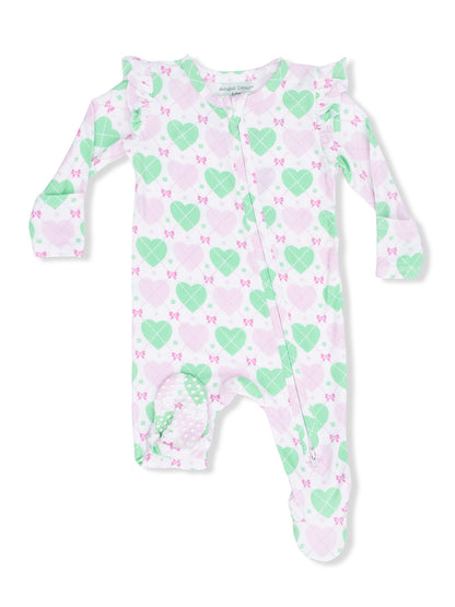 Baby onesie with pink and green heart pattern and ruffles, featuring footed design and a front zipper.