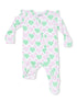 Baby onesie with pink and green heart pattern and ruffles, featuring footed design and a front zipper.