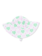 White sun hat with green hearts and pink bows, ideal for kids in sunny weather.