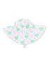 White sun hat with green hearts and pink bows, ideal for kids in sunny weather.