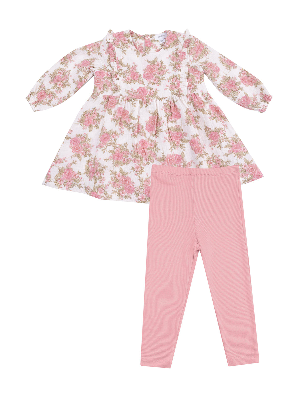 Floral toddler dress with pink leggings, featuring ruffled details and a playful, feminine design.