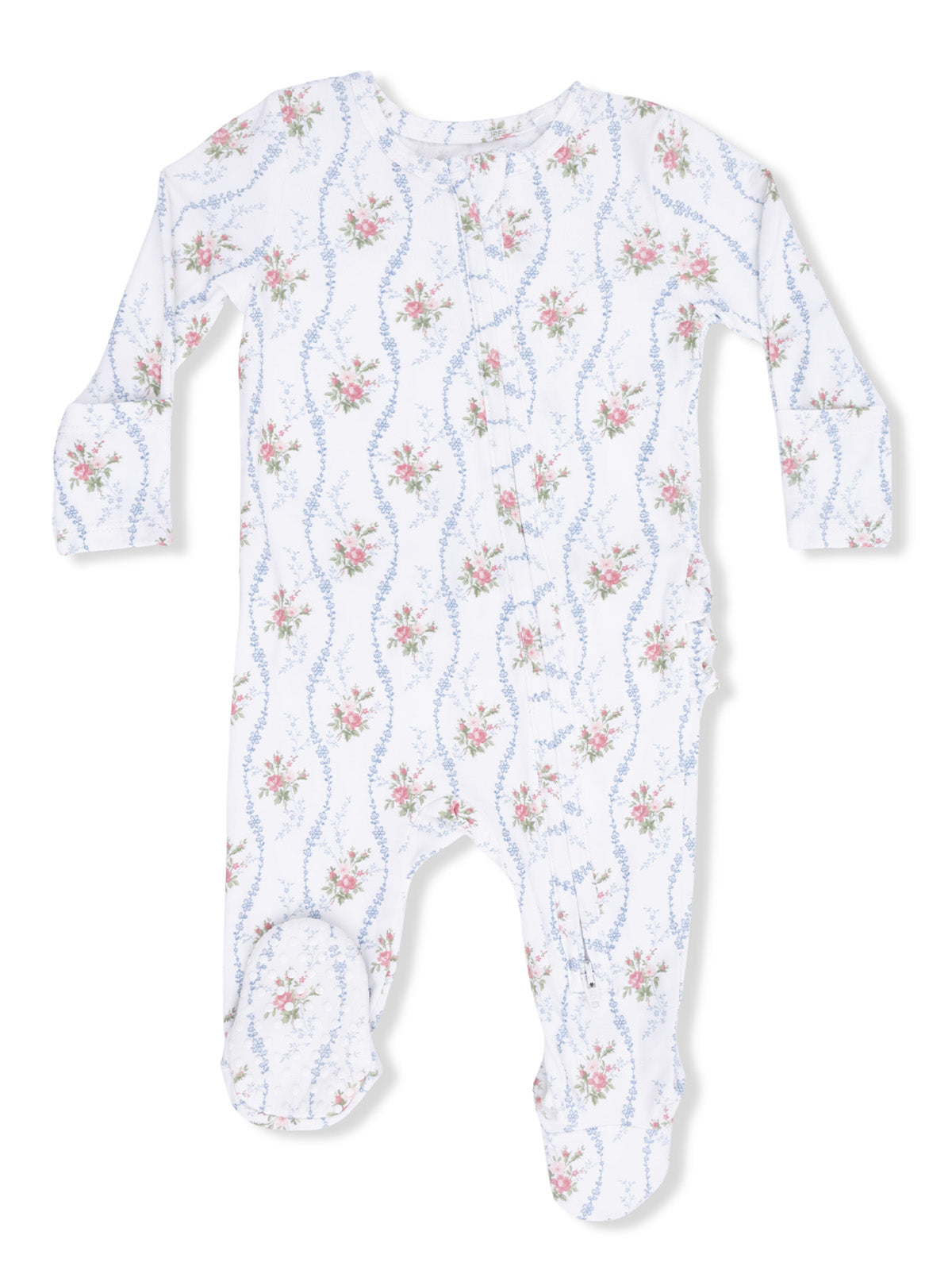 Floral-patterned infant romper in white, featuring long sleeves and footed design. Ideal for baby comfort.
