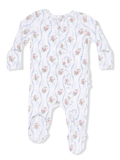Floral-patterned infant romper in white, featuring long sleeves and footed design. Ideal for baby comfort.