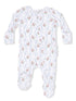 Floral-patterned infant romper in white, featuring long sleeves and footed design. Ideal for baby comfort.