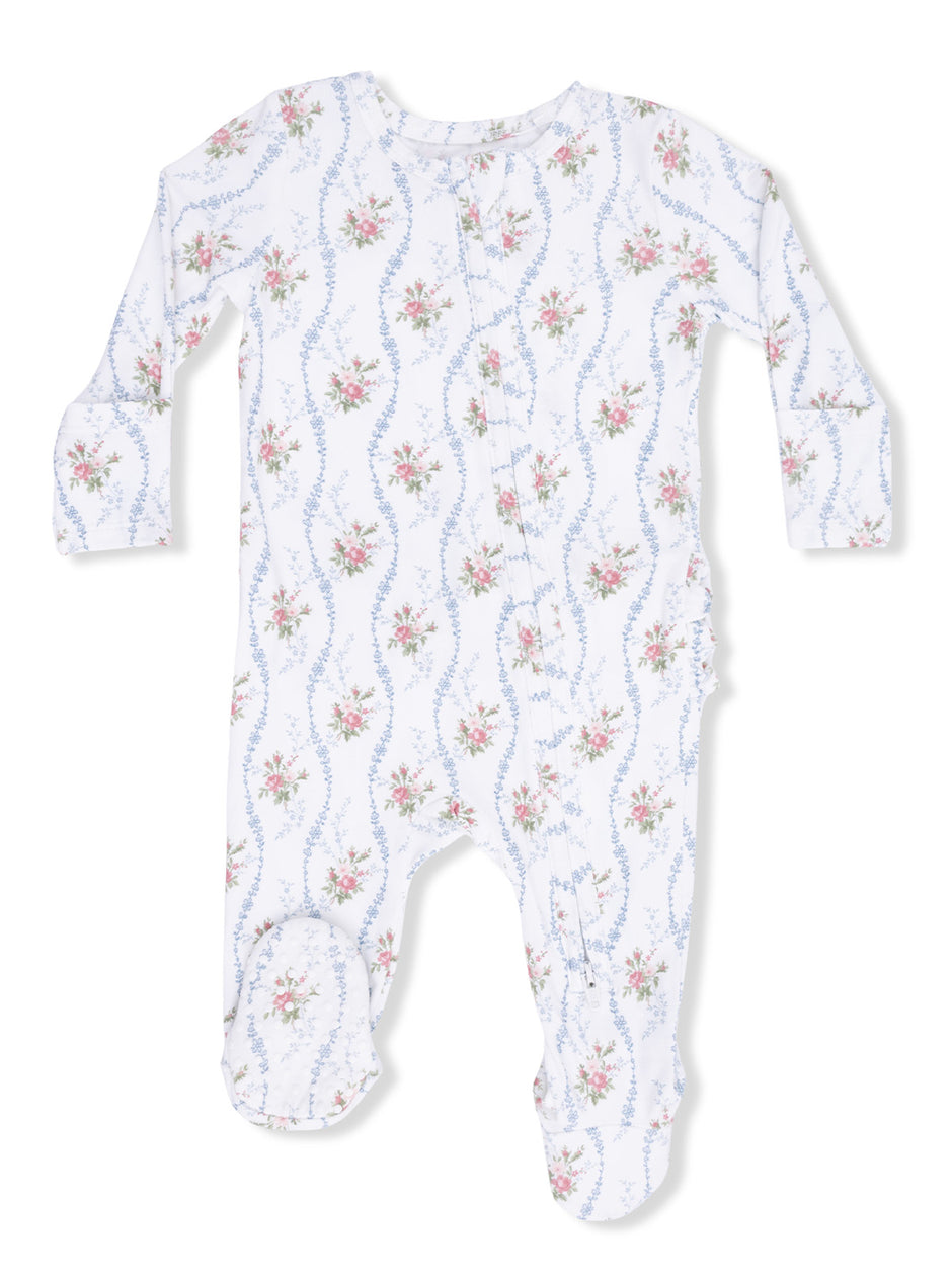 Floral-patterned infant romper in white, featuring long sleeves and footed design. Ideal for baby comfort.
