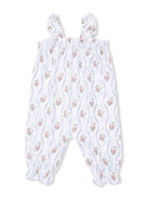 White floral romper with ruffled straps and elastic cuffs, featuring pink and blue flower patterns.