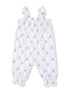 White floral romper with ruffled straps and elastic cuffs, featuring pink and blue flower patterns.