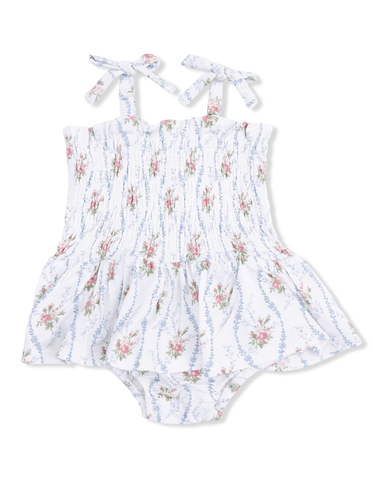 Floral-patterned baby romper with smocked bodice and tie straps, featuring a flared skirt design.