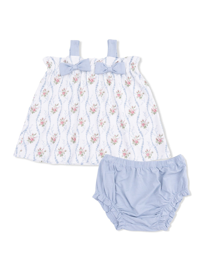Girls' sleeveless floral top with bows and matching light blue bloomer shorts. Perfect for summer outfits.