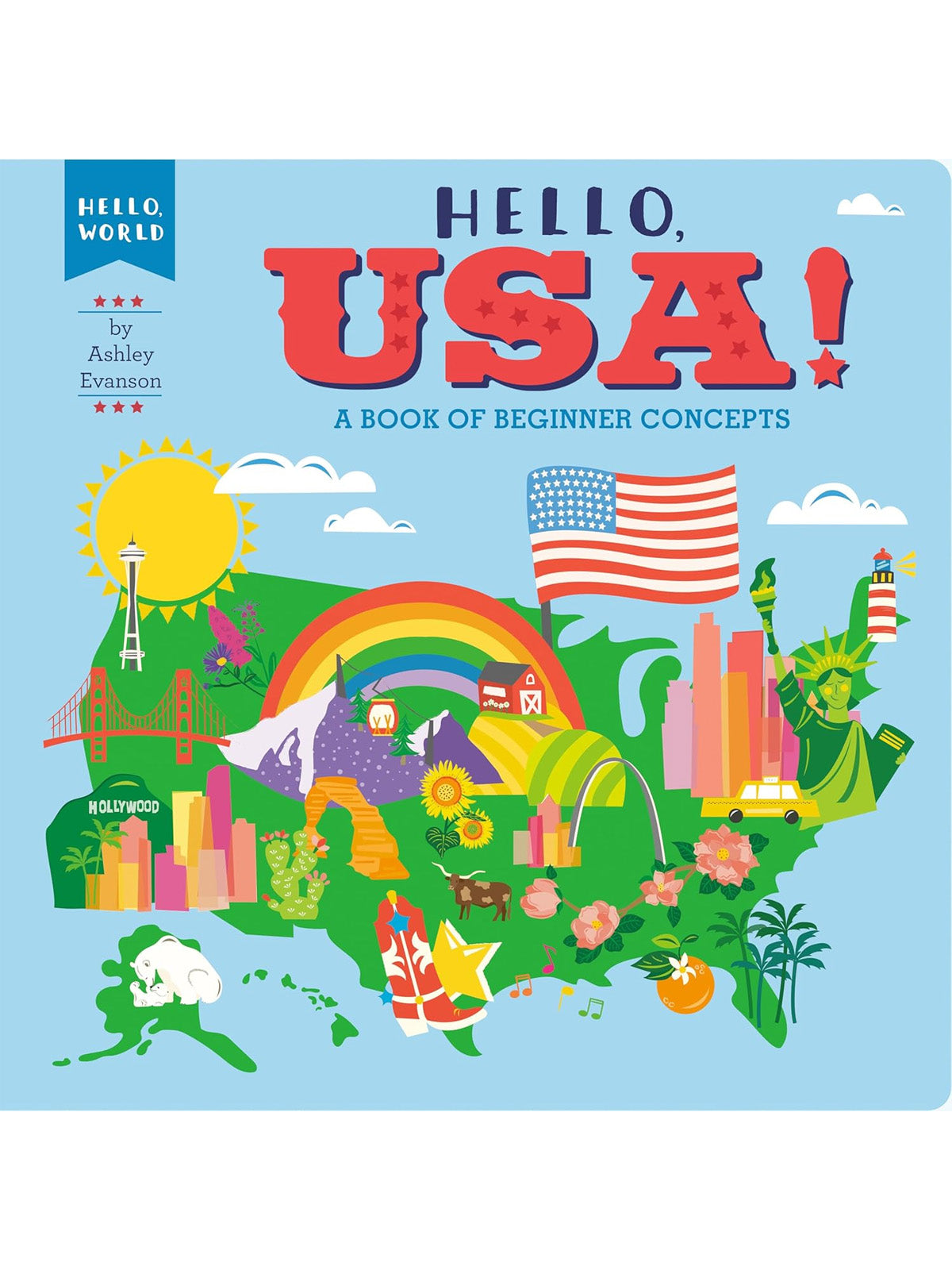 Illustrated map of the USA featuring landmarks, nature, and iconic symbols; book titled "Hello, USA!" by Ashley Evanson.