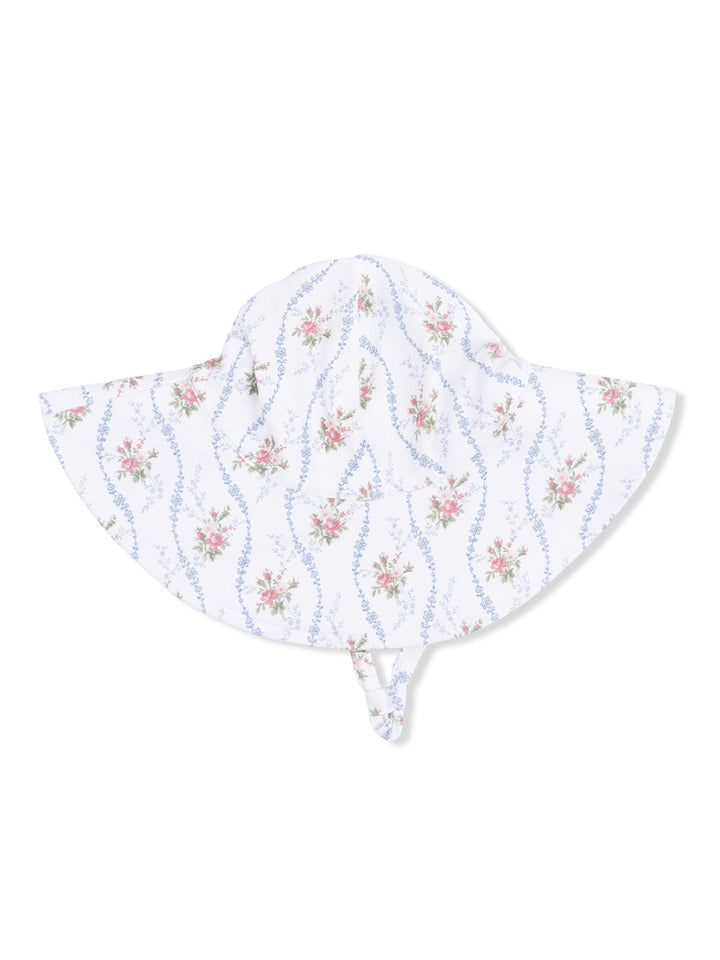 Floral sun hat with wide brim featuring a white background and pink and blue floral patterns.