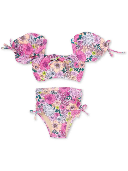 High Waist Cinched Bikini Swimsuit, Mod Floral Pink