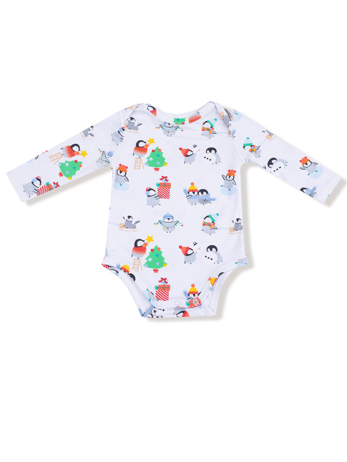 Long-sleeve baby onesie featuring playful penguins and Christmas motifs.