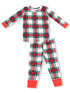 Plaid pajama set with long-sleeve top and matching pants featuring red, green, and white colors.
