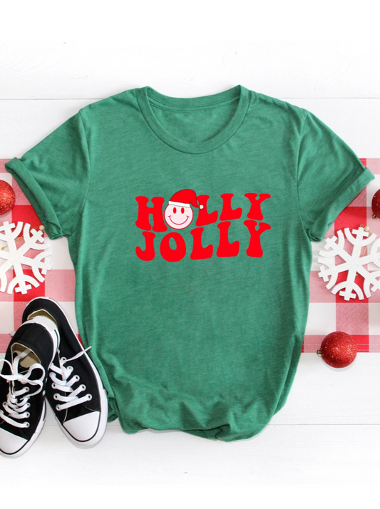 Holly Jolly Happy Face Adult Graphic Tee, Grass