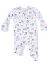 White onesie featuring colorful baseball-themed prints, including hats, gloves, and players. Ideal for infants.