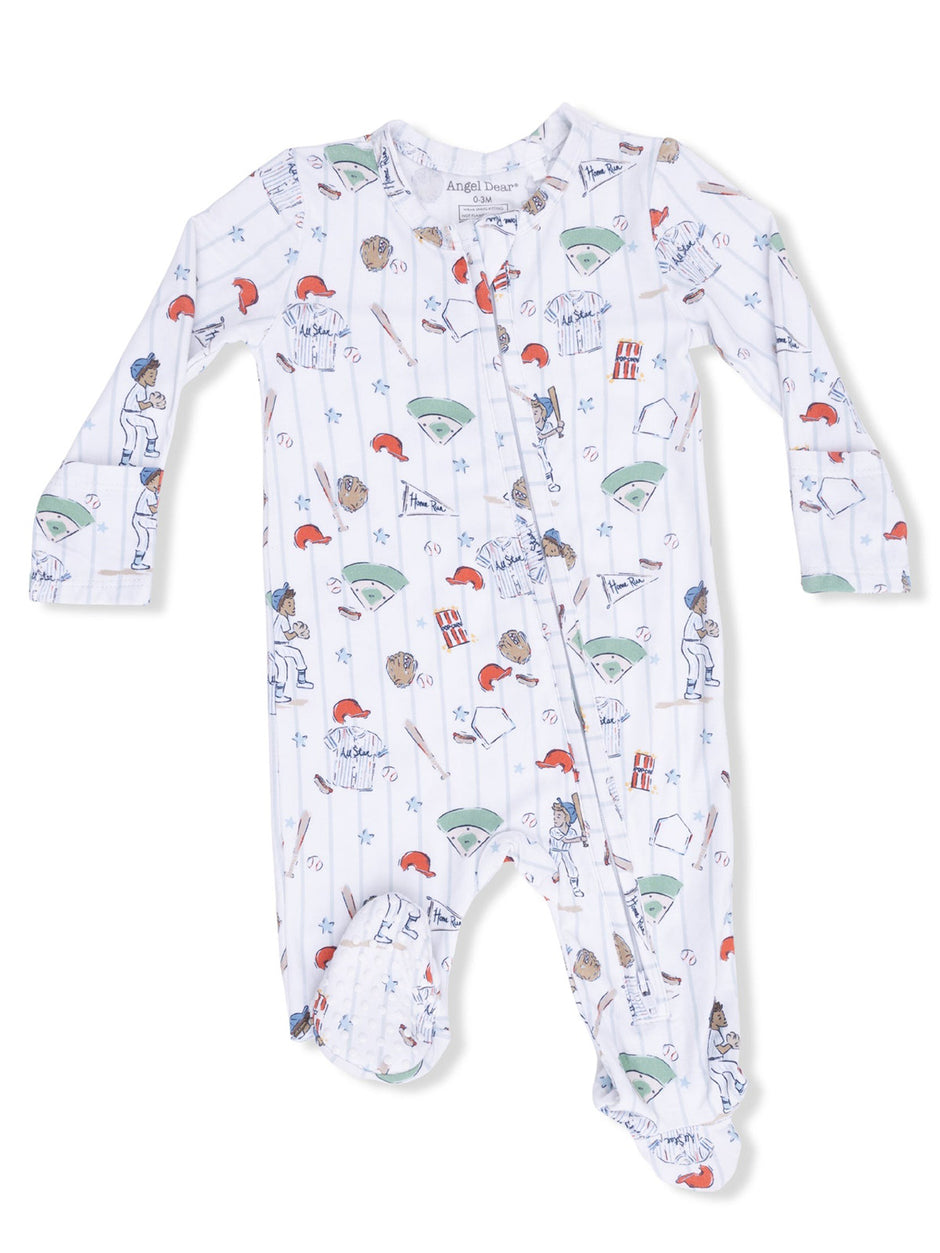 White onesie featuring colorful baseball-themed prints, including hats, gloves, and players. Ideal for infants.