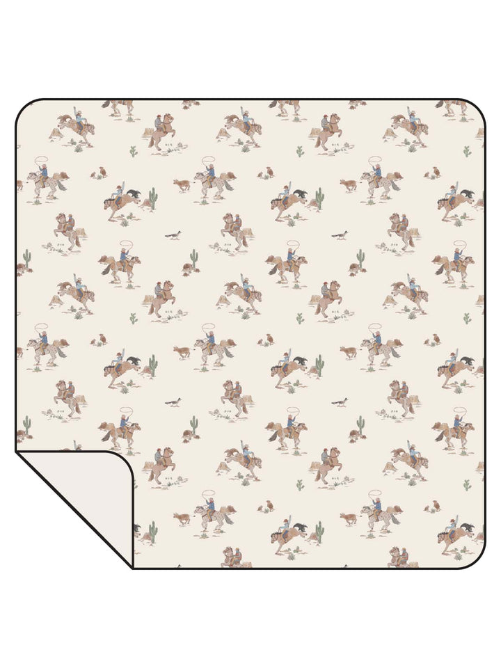 Repeating pattern of cowboys on horseback with cacti and small animals on a light background.