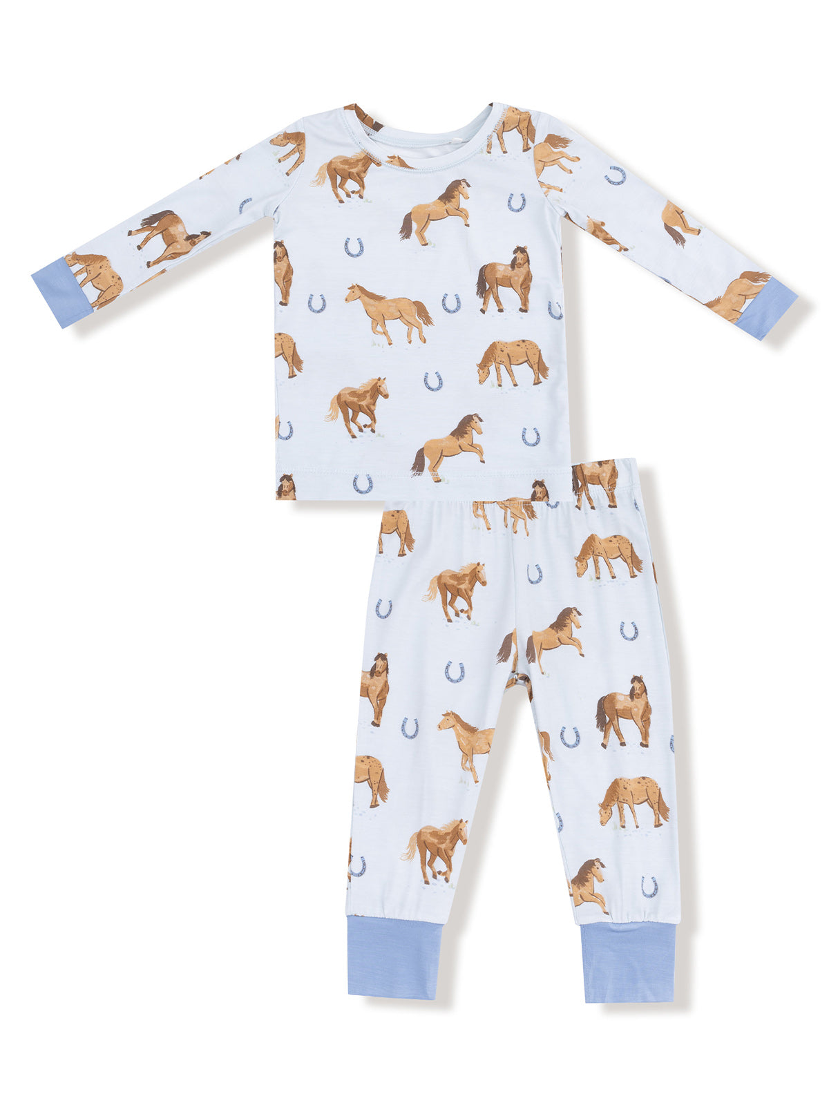 Blue children's pajamas featuring a horse pattern and horseshoes, comprising a top and matching pants.