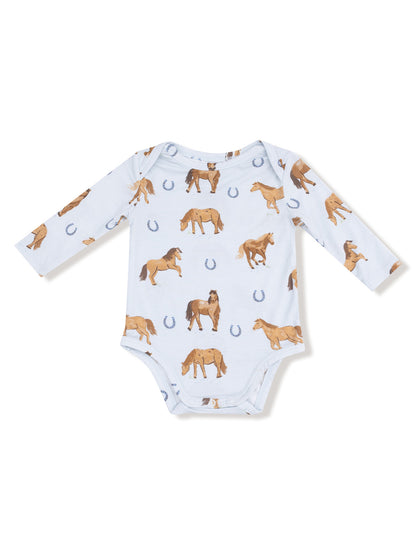 Light blue baby onesie featuring playful horse and horseshoe prints. Ideal for young horse lovers.