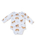 Light blue baby onesie featuring playful horse and horseshoe prints. Ideal for young horse lovers.