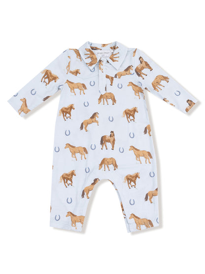 Blue long-sleeve romper with horse prints and horseshoe motifs, designed for babies.