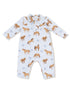 Blue long-sleeve romper with horse prints and horseshoe motifs, designed for babies.