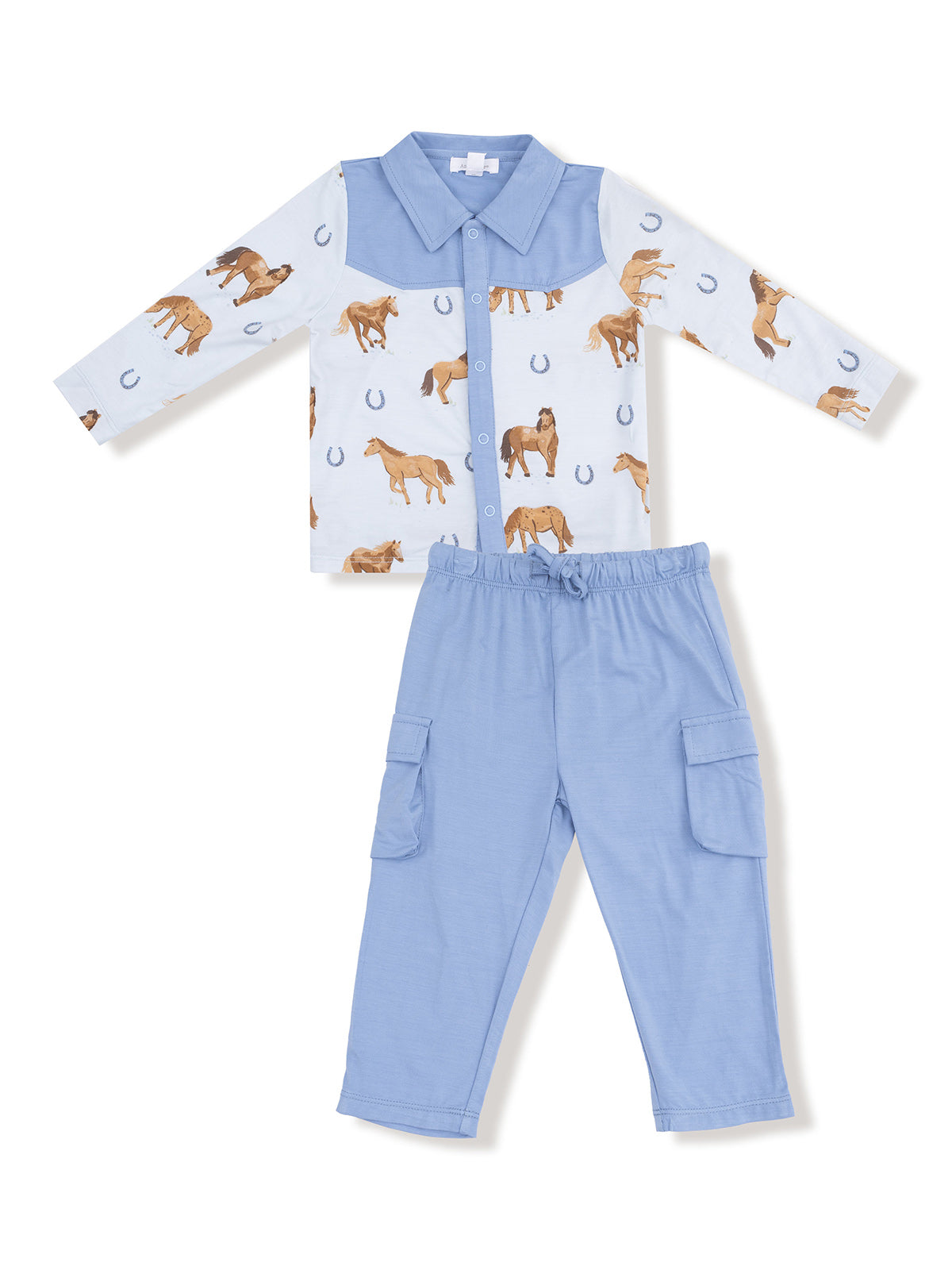 Light blue children's outfit featuring horse patterns on the shirt and matching blue pants with pockets.