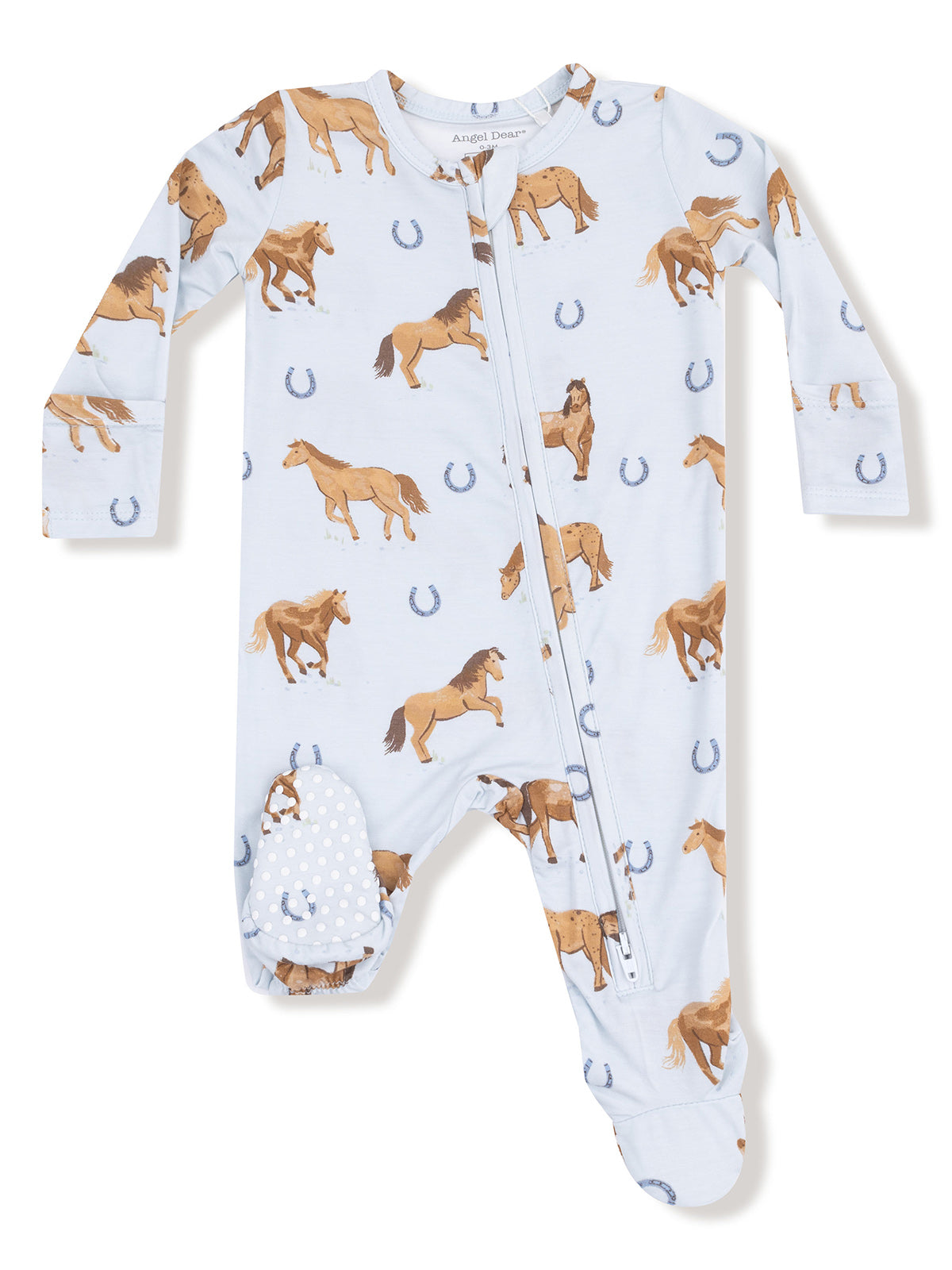 Light blue baby onesie featuring various horse illustrations and horseshoe patterns, designed for comfort and style.