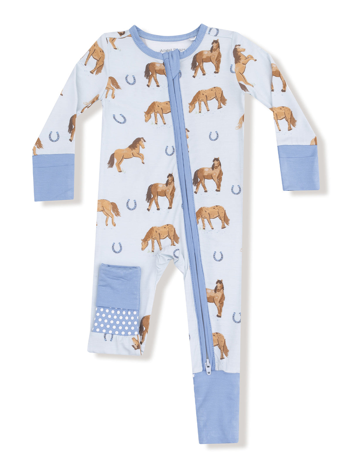 Blue children's onesie featuring horse patterns and a zipper closure.